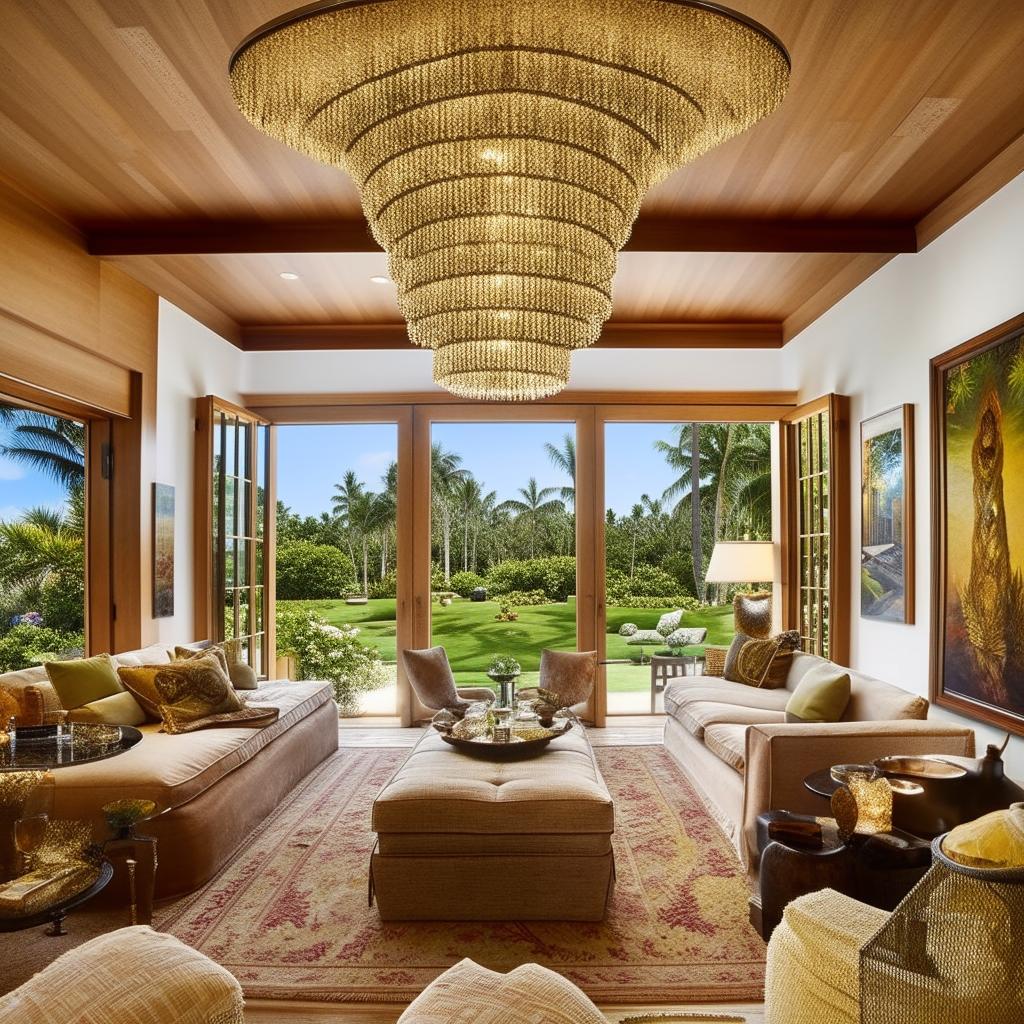 A lavish bungalow-style living room belonging to a billionaire, featuring plush tropical-themed furniture, an opulent chandelier, high-end artwork, sprawling views through a wall of glass sliders, and an inviting fireplace.