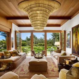 A lavish bungalow-style living room belonging to a billionaire, featuring plush tropical-themed furniture, an opulent chandelier, high-end artwork, sprawling views through a wall of glass sliders, and an inviting fireplace.