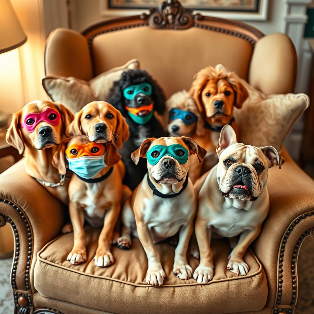 A whimsical scene of dogs sitting in a circle on a large, ornate chair