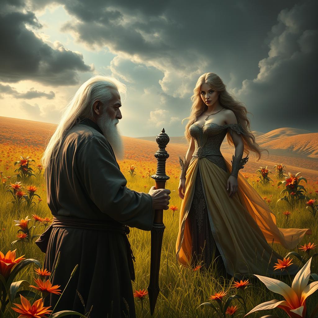 An elderly Iranian man with white hair is facing a beautiful sorceress in a stunning yet ominous meadow