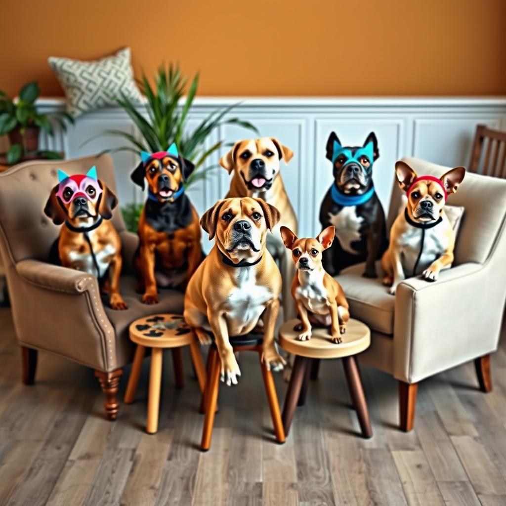 A charming scene featuring a group of dogs sitting in a circle, each on their own individual chair