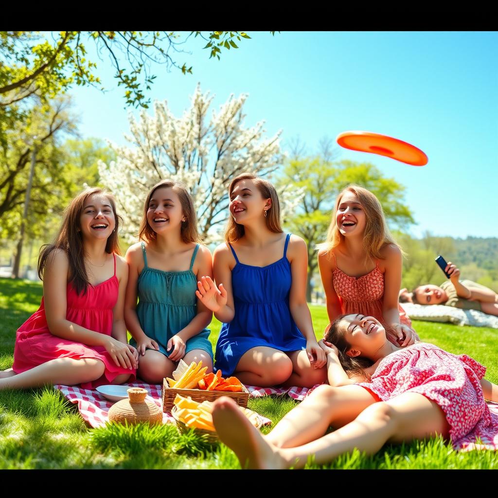 A group of girls, laughing and having fun together in a sunny park