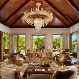 A lavish bungalow-style living room belonging to a billionaire, featuring plush tropical-themed furniture, an opulent chandelier, high-end artwork, sprawling views through a wall of glass sliders, and an inviting fireplace.