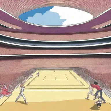 In the anime series, the final showdown between the two rivals occurred in a grand amphitheatrical stadium.