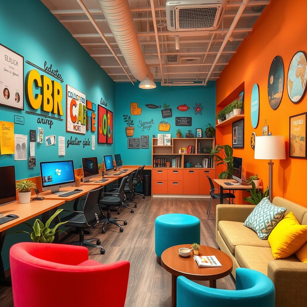 A vibrant and inviting online cyber café designed specifically for teachers, featuring colorful and attractive decor