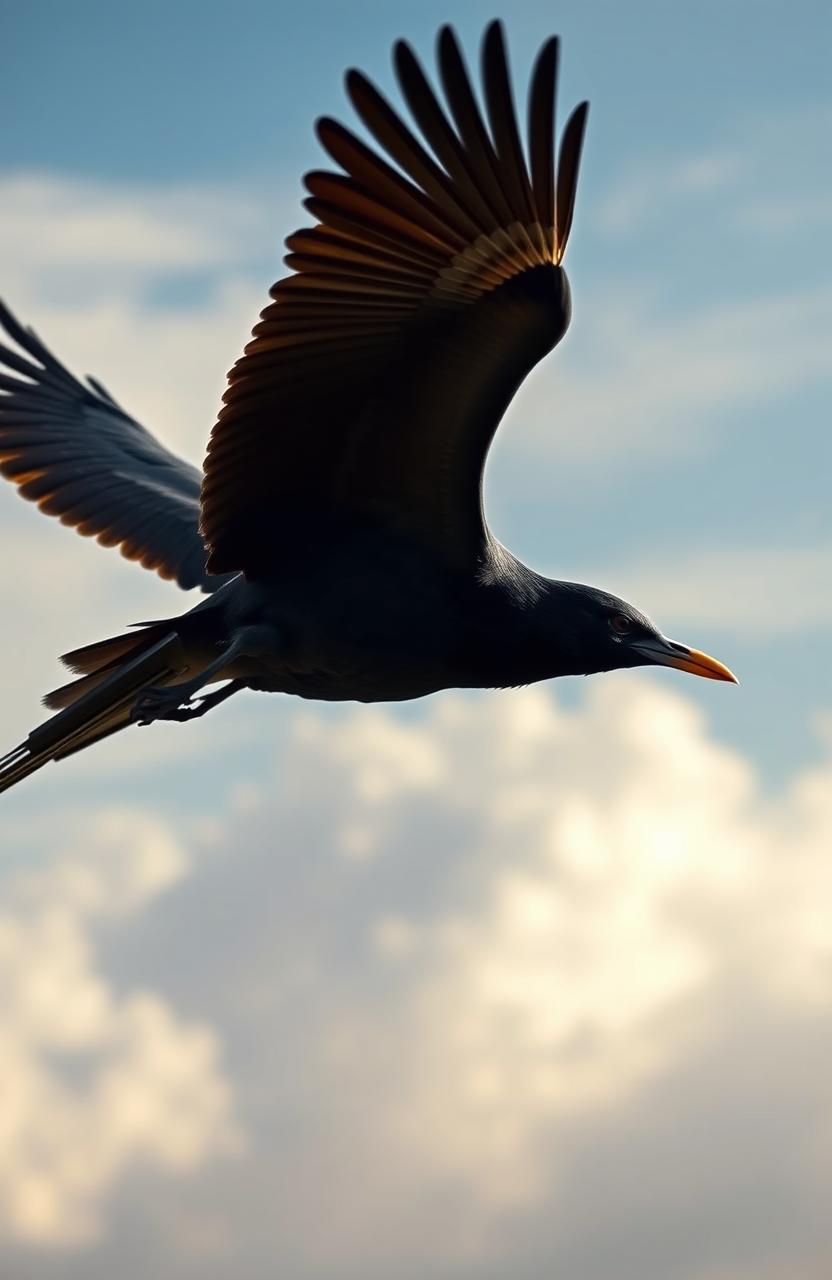 A dramatic scene depicting a sleek black bird in mid-flight, with a bullet caught just a few inches from its feathers, showcasing the tension of the moment