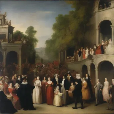 The artist's painting depicted an amphitheatrical setting with a crowd of people gathered to watch a performance.