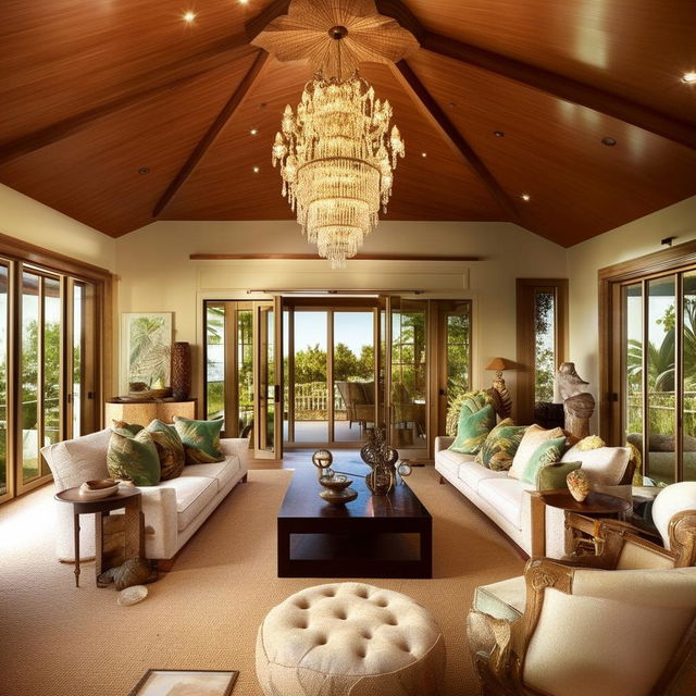 A lavish bungalow-style living room belonging to a billionaire, featuring plush tropical-themed furniture, an opulent chandelier, high-end artwork, sprawling views through a wall of glass sliders, and an inviting fireplace.