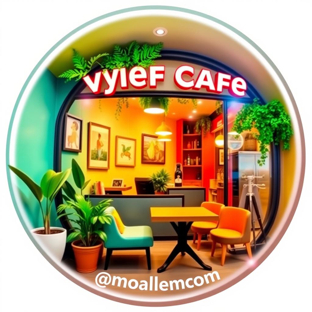 A captivating round profile picture for an online cyber café, showcasing an inviting and colorful interior and exterior