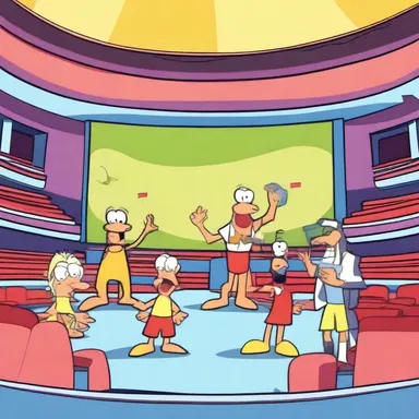 In the cartoon episode, the main characters found themselves inside an amphitheatrical arena, participating in a funny competition.