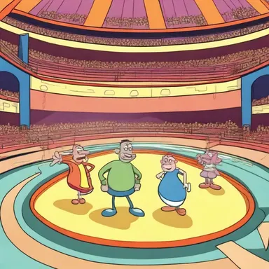 In the cartoon episode, the main characters found themselves inside an amphitheatrical arena, participating in a funny competition.