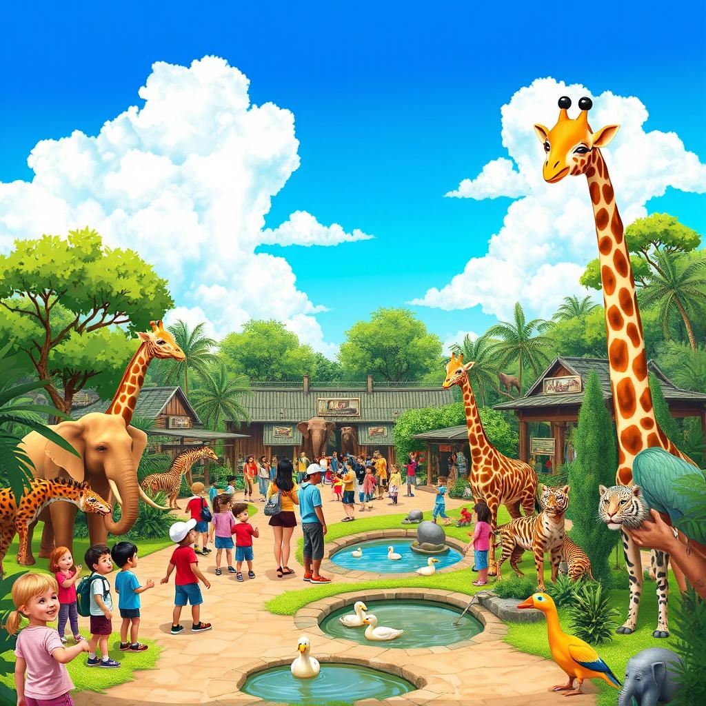 A vibrant and lively zoo scene filled with a variety of exotic animals like elephants, tigers, and colorful parrots