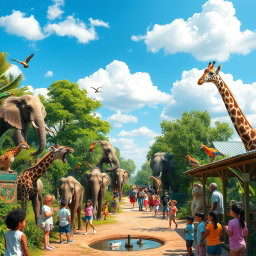 A vibrant and lively zoo scene filled with a variety of exotic animals like elephants, tigers, and colorful parrots