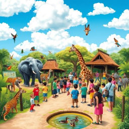 A vibrant and lively zoo scene filled with a variety of exotic animals like elephants, tigers, and colorful parrots