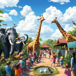 A vibrant and lively zoo scene filled with a variety of exotic animals like elephants, tigers, and colorful parrots