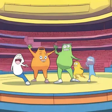 In the cartoon episode, the main characters found themselves inside an amphitheatrical arena, participating in a funny competition.