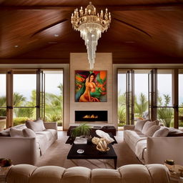 A lavish bungalow-style living room belonging to a billionaire, featuring plush tropical-themed furniture, an opulent chandelier, high-end artwork, sprawling views through a wall of glass sliders, and an inviting fireplace.