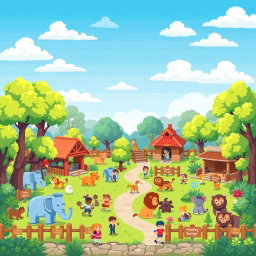 A pixel art scene depicting a whimsical zoo filled with cute, stylized animals