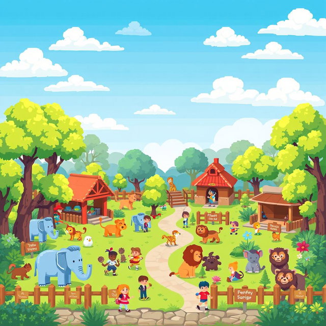 A pixel art scene depicting a whimsical zoo filled with cute, stylized animals