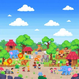 A pixel art scene depicting a whimsical zoo filled with cute, stylized animals