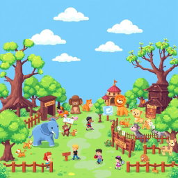 A pixel art scene depicting a whimsical zoo filled with cute, stylized animals