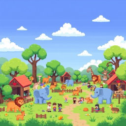 A pixel art scene depicting a whimsical zoo filled with cute, stylized animals