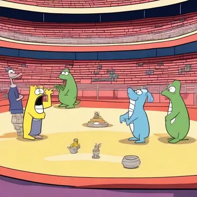 In the cartoon episode, the main characters found themselves inside an amphitheatrical arena, participating in a funny competition.