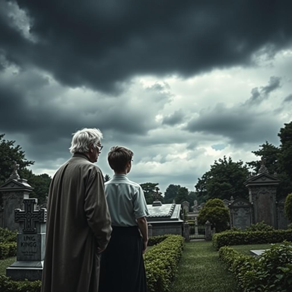 A poignant scene featuring an elderly man with white hair, a young son, and a young daughter-in-law standing together in a solemn royal cemetery, gazing thoughtfully at the tomb of a king