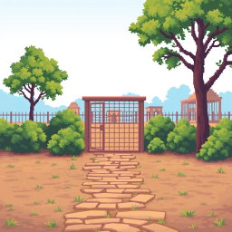 A pixel art scene showcasing a deserted zoo environment