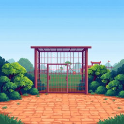 A pixel art scene showcasing a deserted zoo environment