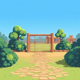 A pixel art scene showcasing a deserted zoo environment
