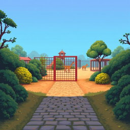 A pixel art scene showcasing a deserted zoo environment