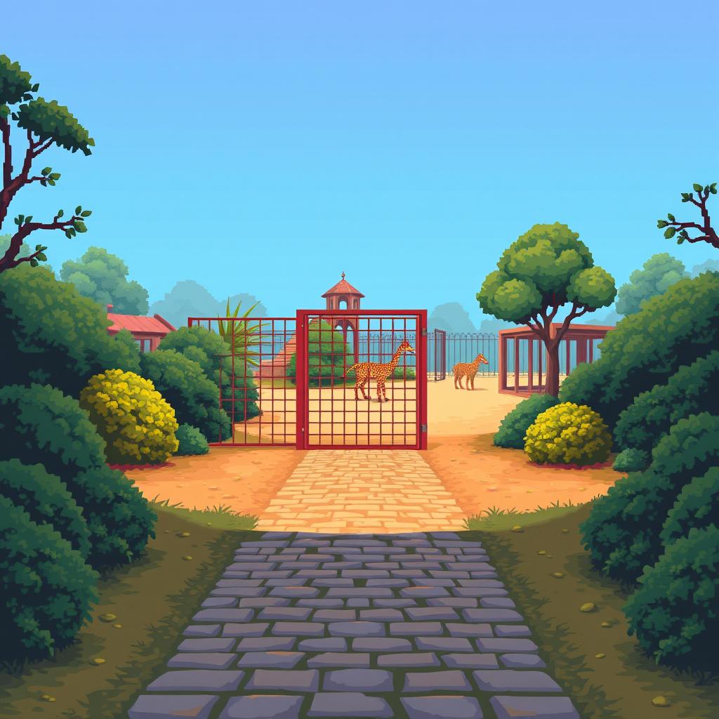 A pixel art scene showcasing a deserted zoo environment