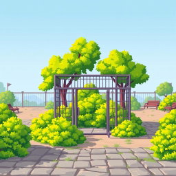 A pixel art illustration of an empty zoo scene, featuring a detailed foreground with a solitary empty cage