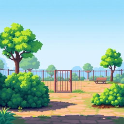 A pixel art illustration of an empty zoo scene, featuring a detailed foreground with a solitary empty cage