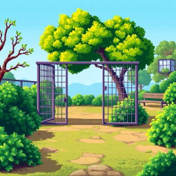 A pixel art illustration of an empty zoo scene, featuring a detailed foreground with a solitary empty cage