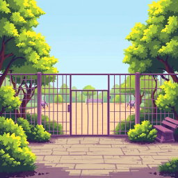 A pixel art illustration of an empty zoo scene, featuring a detailed foreground with a solitary empty cage