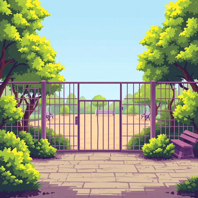 A pixel art illustration of an empty zoo scene, featuring a detailed foreground with a solitary empty cage