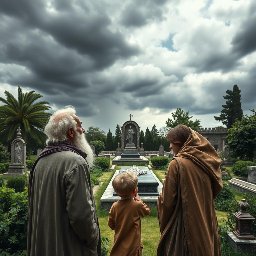 A poignant scene featuring an elderly man with white hair, a young son, and his young wife standing together in an ancient Persian royal cemetery, gazing thoughtfully at the tomb of a king