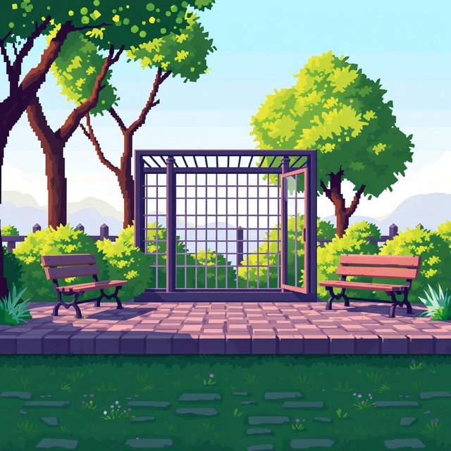 A pixel art scene featuring a tranquil zoo setting, focusing on an empty animal cage situated prominently in the foreground