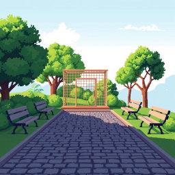 A pixel art scene featuring a tranquil zoo setting, focusing on an empty animal cage situated prominently in the foreground