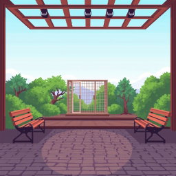 A pixel art scene featuring a tranquil zoo setting, focusing on an empty animal cage situated prominently in the foreground