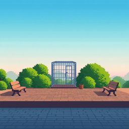 A pixel art scene featuring a tranquil zoo setting, focusing on an empty animal cage situated prominently in the foreground