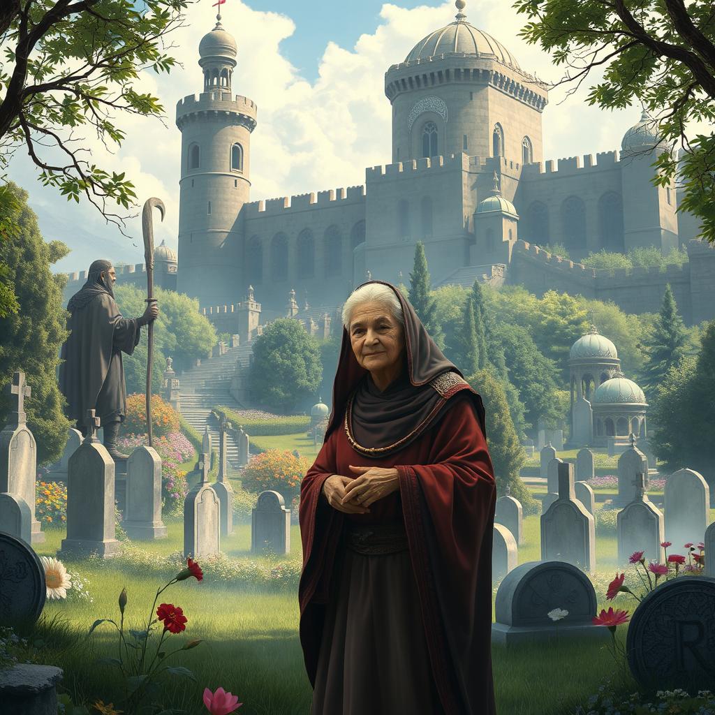 An enchanting scene depicting Zarehshan, an elderly wise woman with a kind expression, standing in a serene cemetery