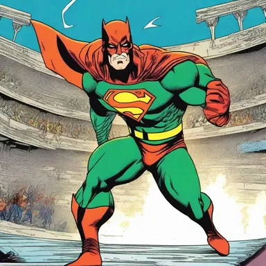 The comic book showcased a superhero's battle against villains in an amphitheatrical stadium.