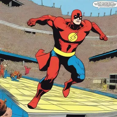 The comic book showcased a superhero's battle against villains in an amphitheatrical stadium.