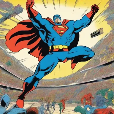 The comic book showcased a superhero's battle against villains in an amphitheatrical stadium.