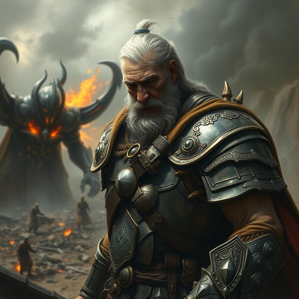 An intense scene depicting Pyruz, an aged warrior in his battle armor, engaged in a fierce struggle against death itself
