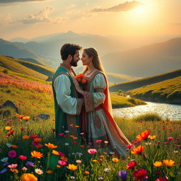 A romantic scene depicting an ancient Iranian couple deeply in love, set in a vibrant meadow filled with colorful flowers, next to a picturesque spring