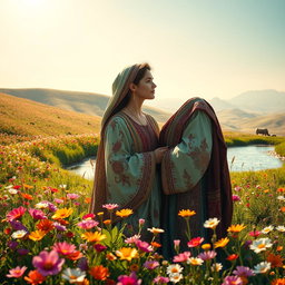 A romantic scene depicting an ancient Iranian couple deeply in love, set in a vibrant meadow filled with colorful flowers, next to a picturesque spring